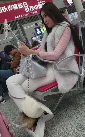 4k-候车室内拍摄紧身白裤甜美妹子忙直播。
