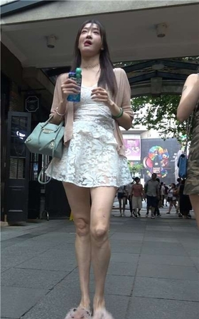 4K – 白色蕾丝V领连衣裙气质街拍美腿美女 [1.06 GB]
